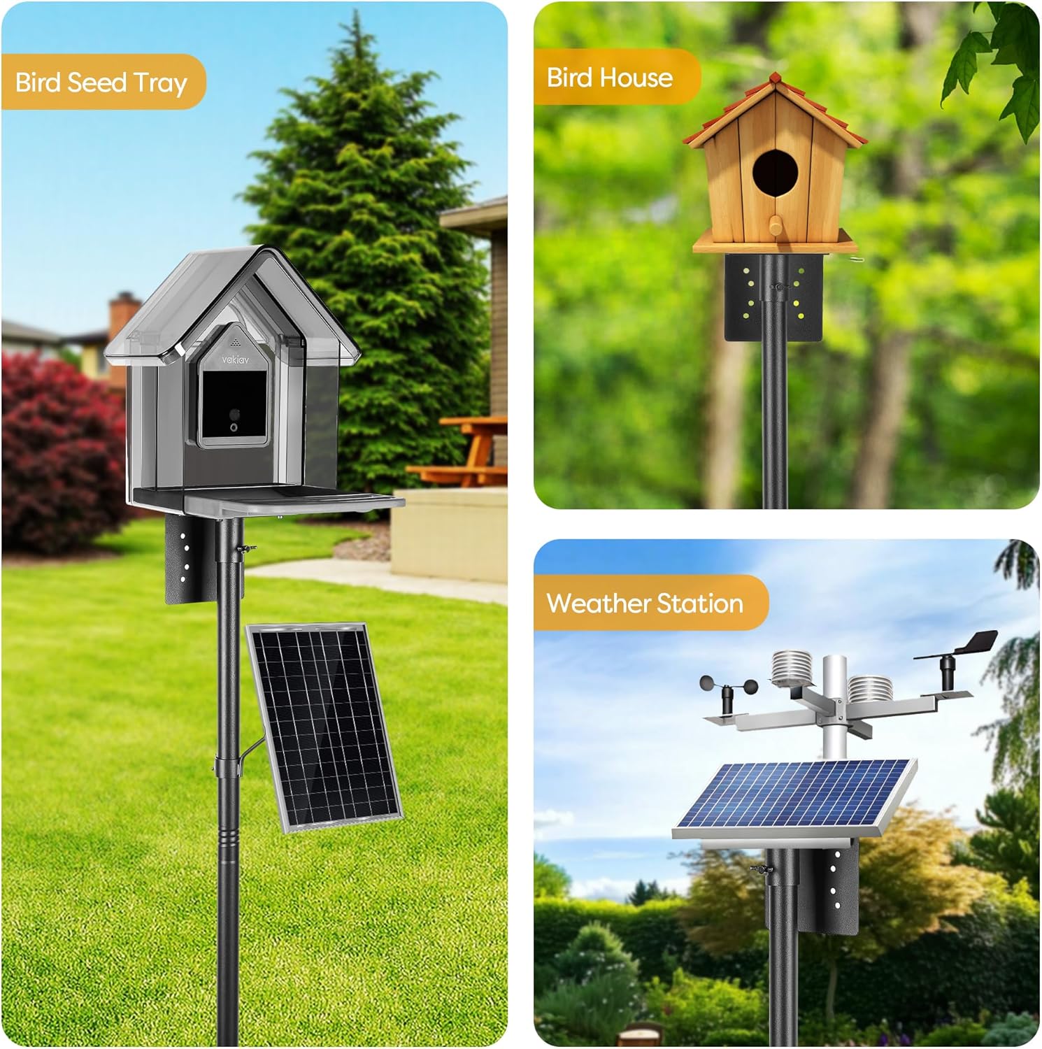 Bird House Pole Kit, Heavy-Duty Adjustable Pole for Outdoors with 5 Prongs Base,Metal Universal Support Pole for Bird Feeders,Solar Pannel,Black