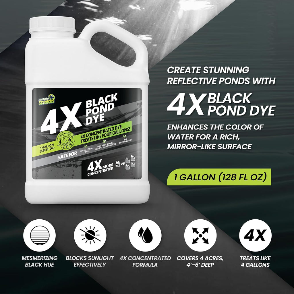 1 Gallon Reflective Black Pond Dye, 4X Concentrate Pond Dye Black, Natural Looking and Long Lasting Liquid Lake Colorant, Protects Against Sunlight - Ideal for Fish, Birds, and Wildlife