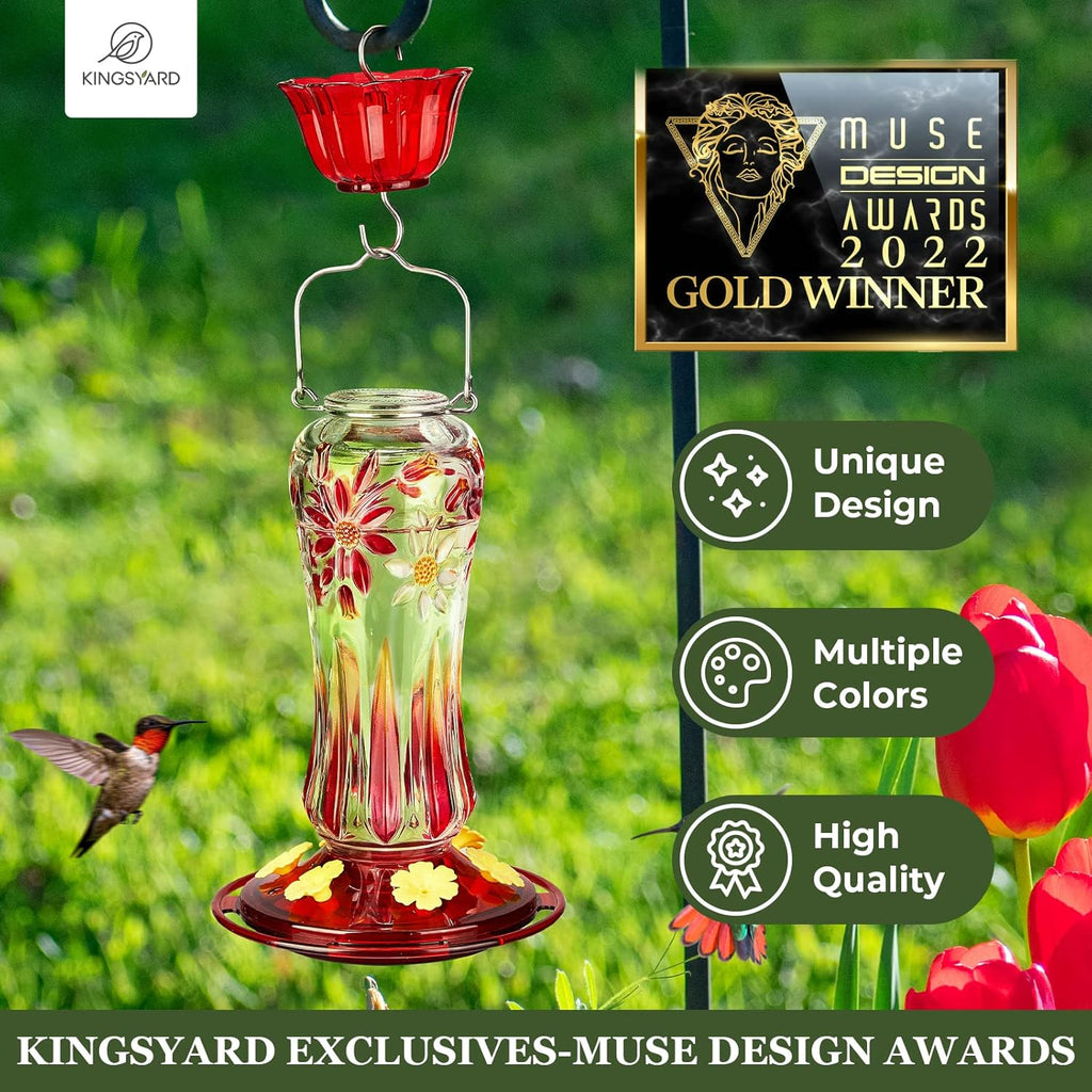Kingsyard Hummingbird Feeder for Outdoors Hanging, 25 Ounces, Glass Humming Bird Nectar Feeder with Ant Moat & 6 Feeding Ports, Leak Proof, Red