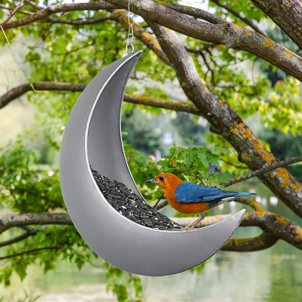 Hanging Moon Bird Feeder – Unique Metal Bird Feeders for Outdoors, Silver Rust-Resistant, Drain Holes – Wild Bird Feeder for Bluebirds, Cardinals, Finches, and Backyard Birdwatching