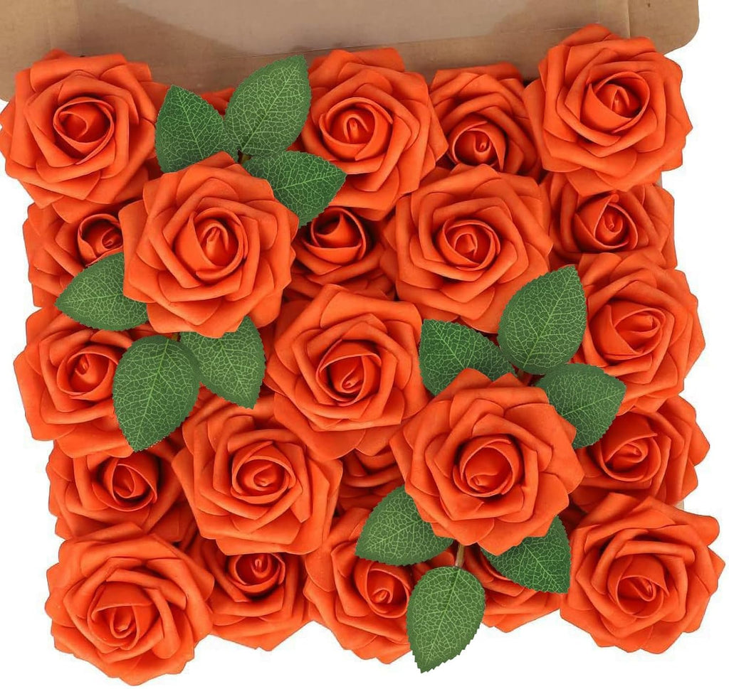 N&T NIETING Artificial Fall Flowers Fake Flowers Orange Roses Perfect for DIY Wedding Bridal Bouquets Centerpieces Bridal Shower Party Home Flower Arrangement Thanksgiving Decorations, 25Pcs