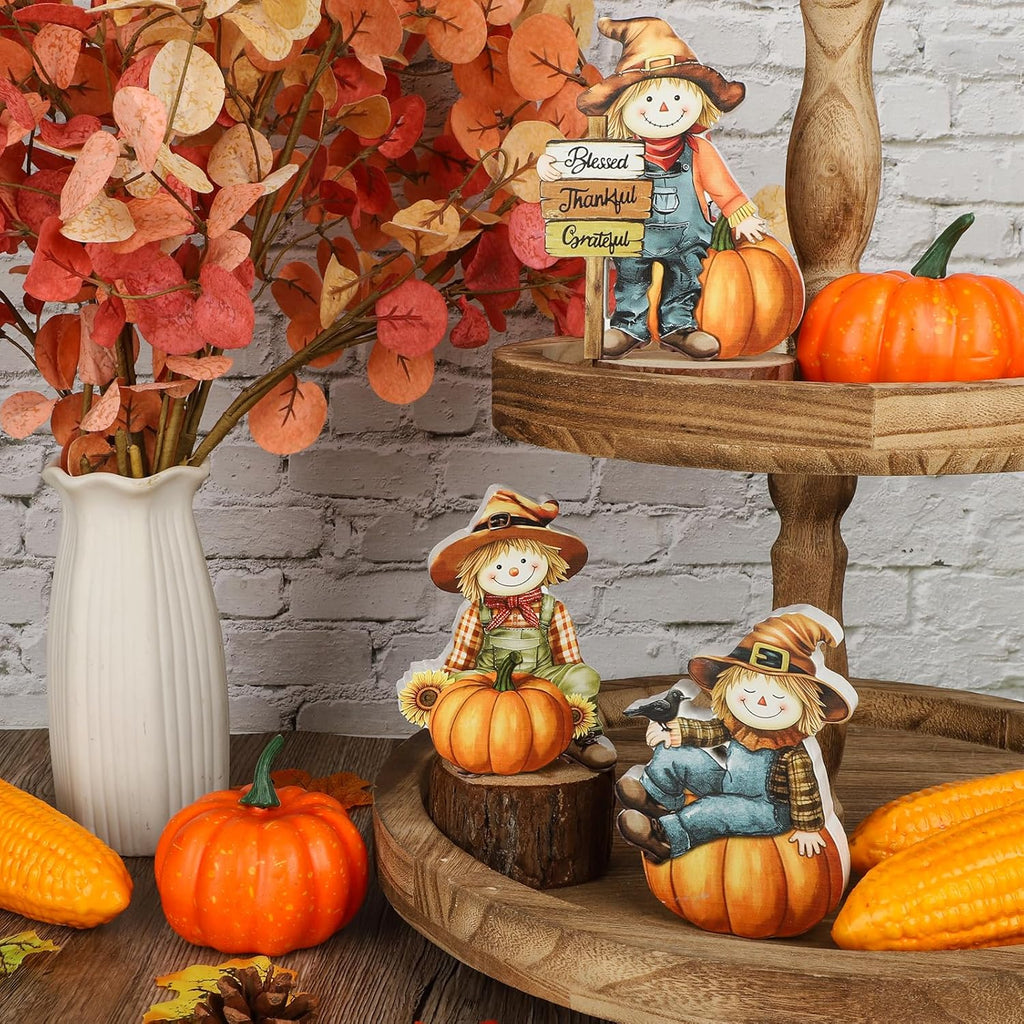 COCHIE 3 Pcs Fall Scarecrow Decor Rustic Fall Tiered Tray Decorations Wooden Scarecrow Pumpkin Sign Autumn Thanksgiving Gifts Home Office Decor Party Supplies