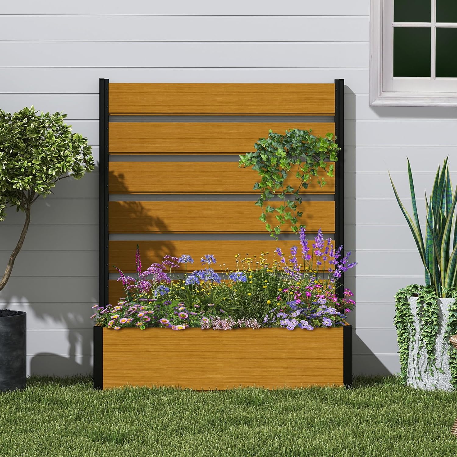 Vertical Screen Planter Bed - Raised Garden Box with Trellis for Climbing Plants, Durable Privacy Fence Planter for Outdoor, Patio, Deck Aluminum Frame, Yellow Teak with Base