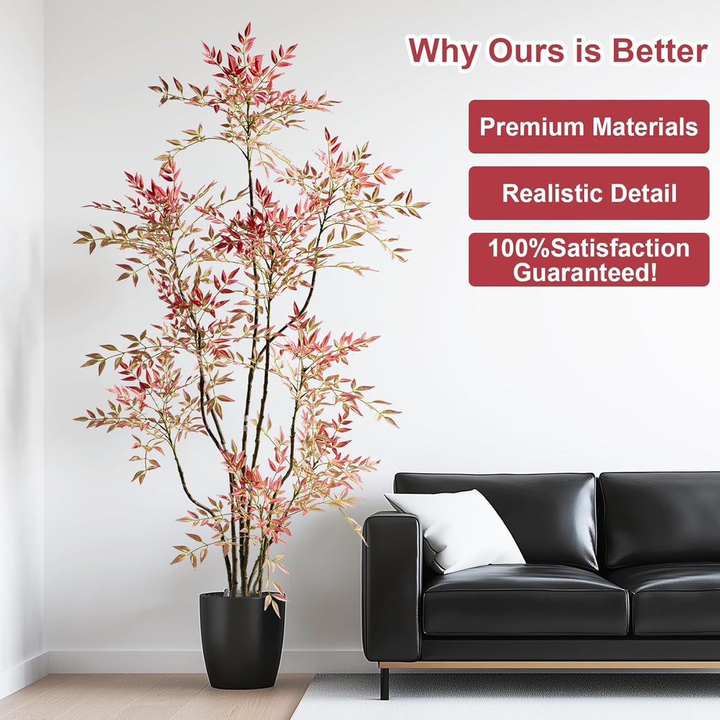 7.2ft Faux Bamboo Tree Artificial Nandina Tree Artificial Indoor Plants Realistic Fake Potted Tree with 800+ Leaves, Cement Planter - Home Office Decor Perfect for Housewarming Gift Non-Toxic