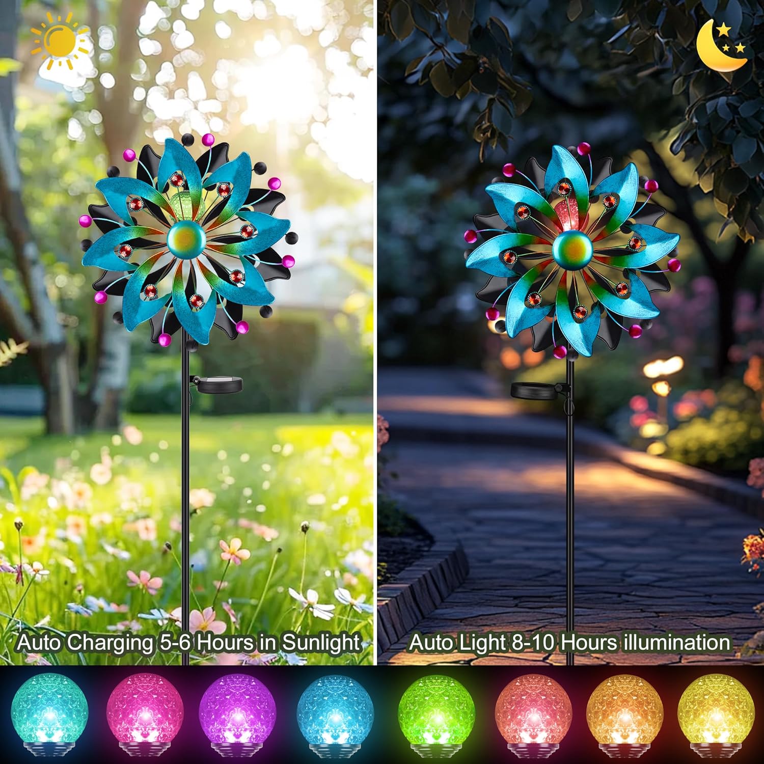 Solar Wind Spinners Outdoor - 58.8 inch Large Metal Kinetic Art Wind Sculptures Solar-Powered Multi-Color Lights Glass Ball with 360° Swivel Waterproof Windmill for Yard Garden Patio Lawn Decor