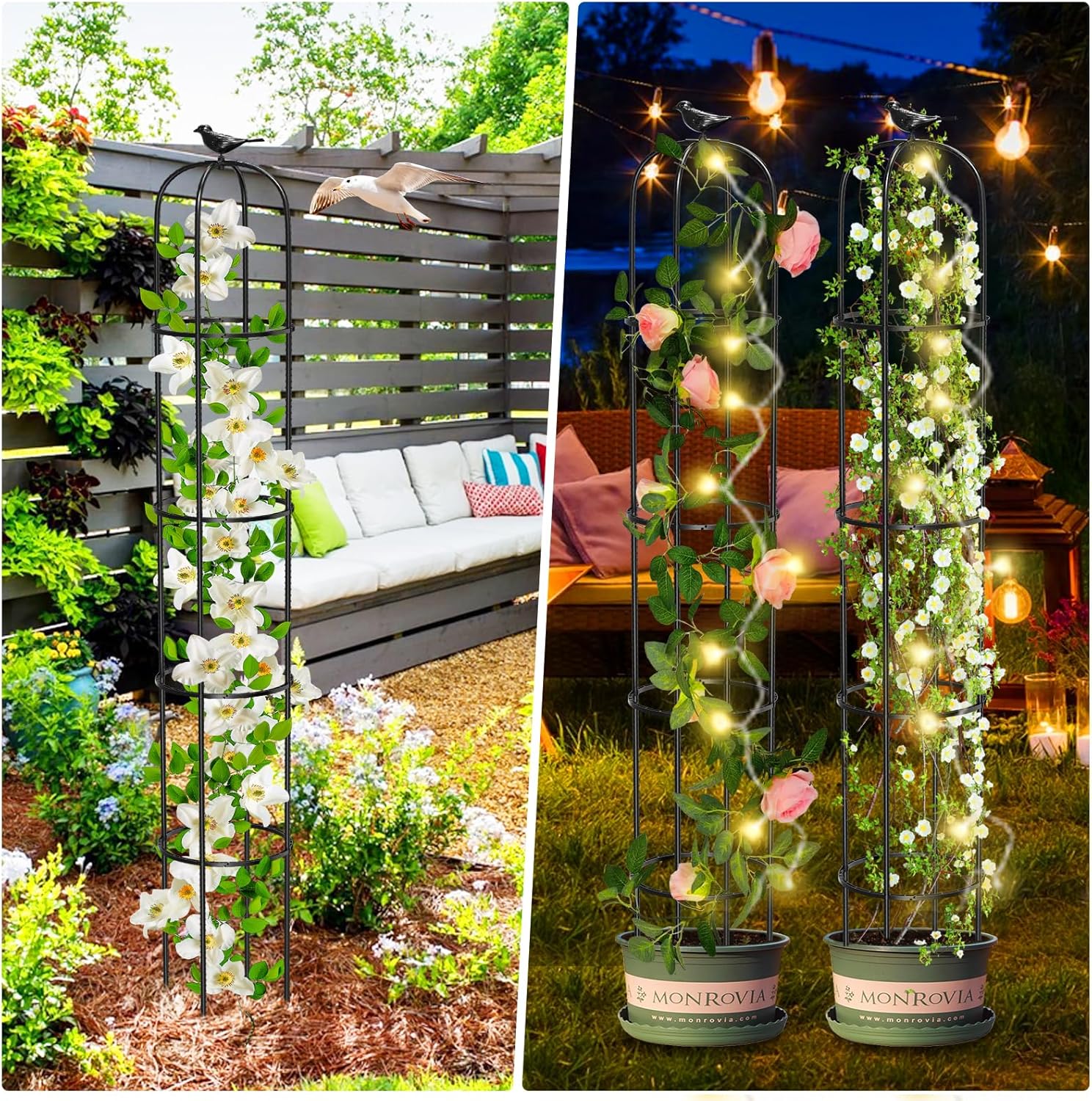 Tower Obelisk Garden Trellis for Climbing Plant，73.6inch Rustproof Metal Potted Plant Climbing Support for Indoor Outdoor Flowers Vegetable Fruits Vines Support (2Pcs)