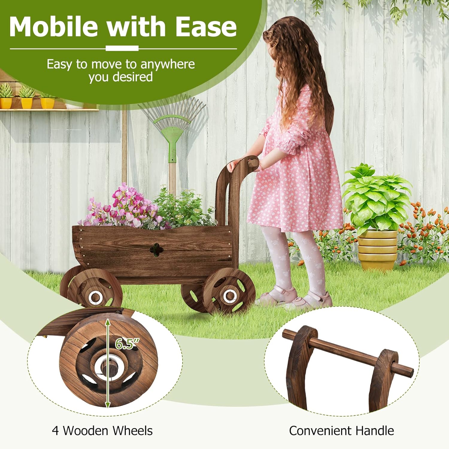 Tangkula Wooden Wagon Planter Box, Decorative Garden Planter w/Wheels, Handle, Drain Hole, Rustic Wooden Flower Cart for Indoor & Outdoor Decor for Patio, Garden, Balcony (27" L x 15" W x 21" H)