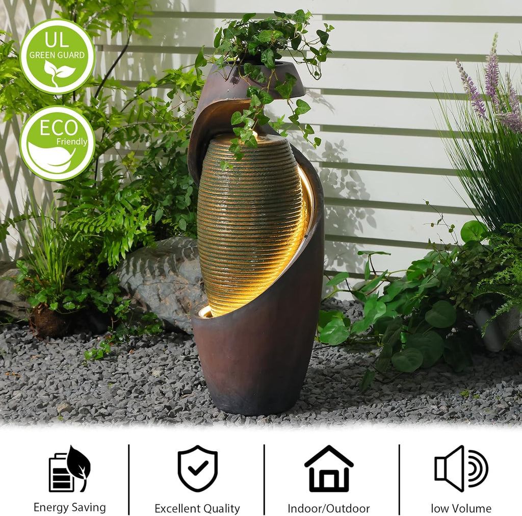 29.5’’H Modern Outdoor Fountain - Curved Spiral Waterfall Indoor/Outdoor with LED Light & Planter Bowl, Resin Garden Fountains for Patio, Yard, Backyard, Porch, Home Art Decor, 11.8" L x 11.8" W