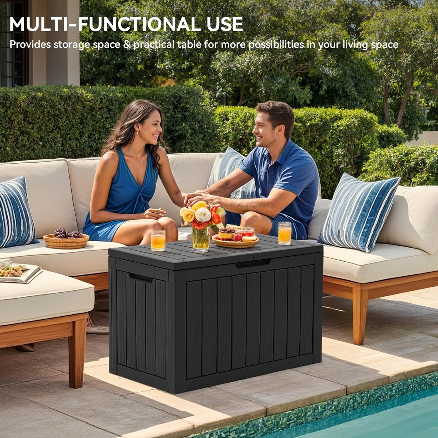 YITAHOME 45 Gallon Deck Box, Outdoor Storage Box for Patio Cushions, Outdoor Tools, Gardening Tools, Sports Equipment, and Throw Pillows, Lockable and Waterproof, Black