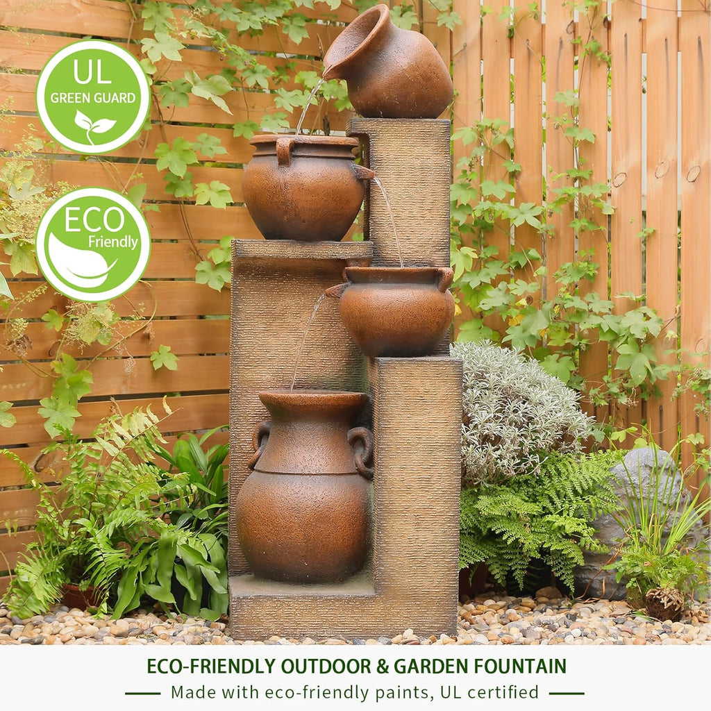 53" H Large Outdoor Water Fountain with Lights - 4 Tiered Cascading Bowls Waterfall Fountain for Garden, Patio, Backyard, Porch Inside - Freestanding Outdoor Water Feature Gold