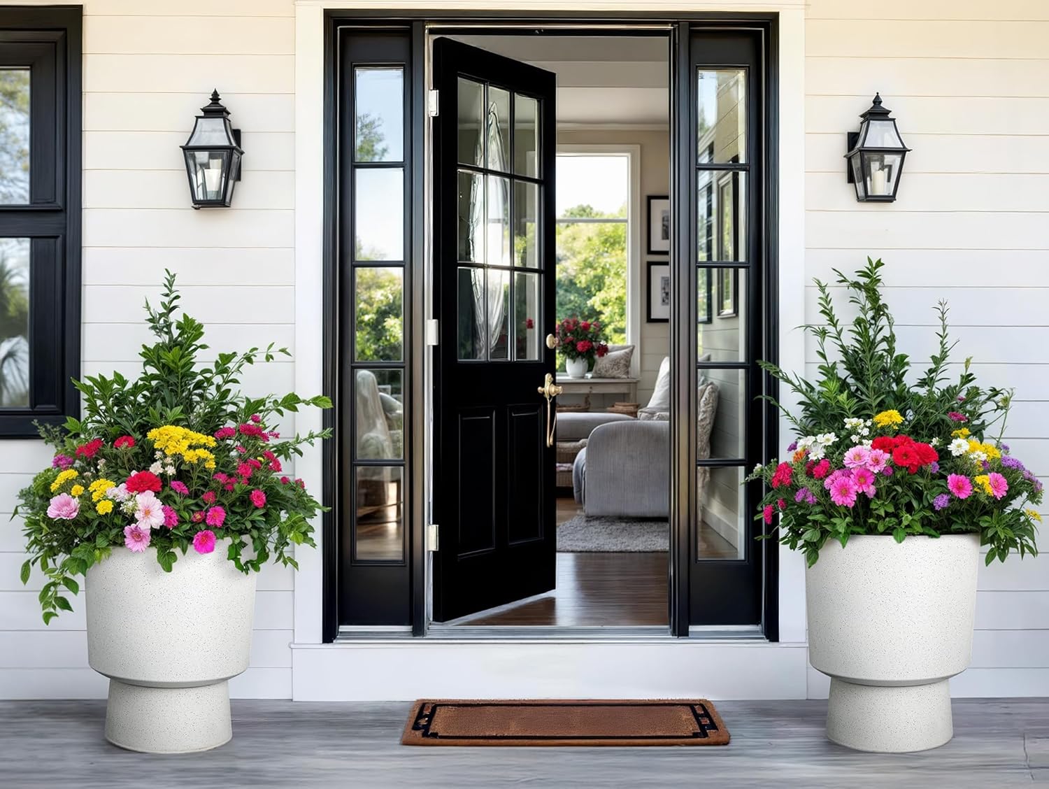 16.75"H Urn-Style Tall Planters, 2-Pack Modern Large Flower Pots for Outdoor Indoor, 2-in-1 Design Plant Containers for Garden Patio Yard Balcony Porch or Home Decor, White Terrazzo, UV-Protect