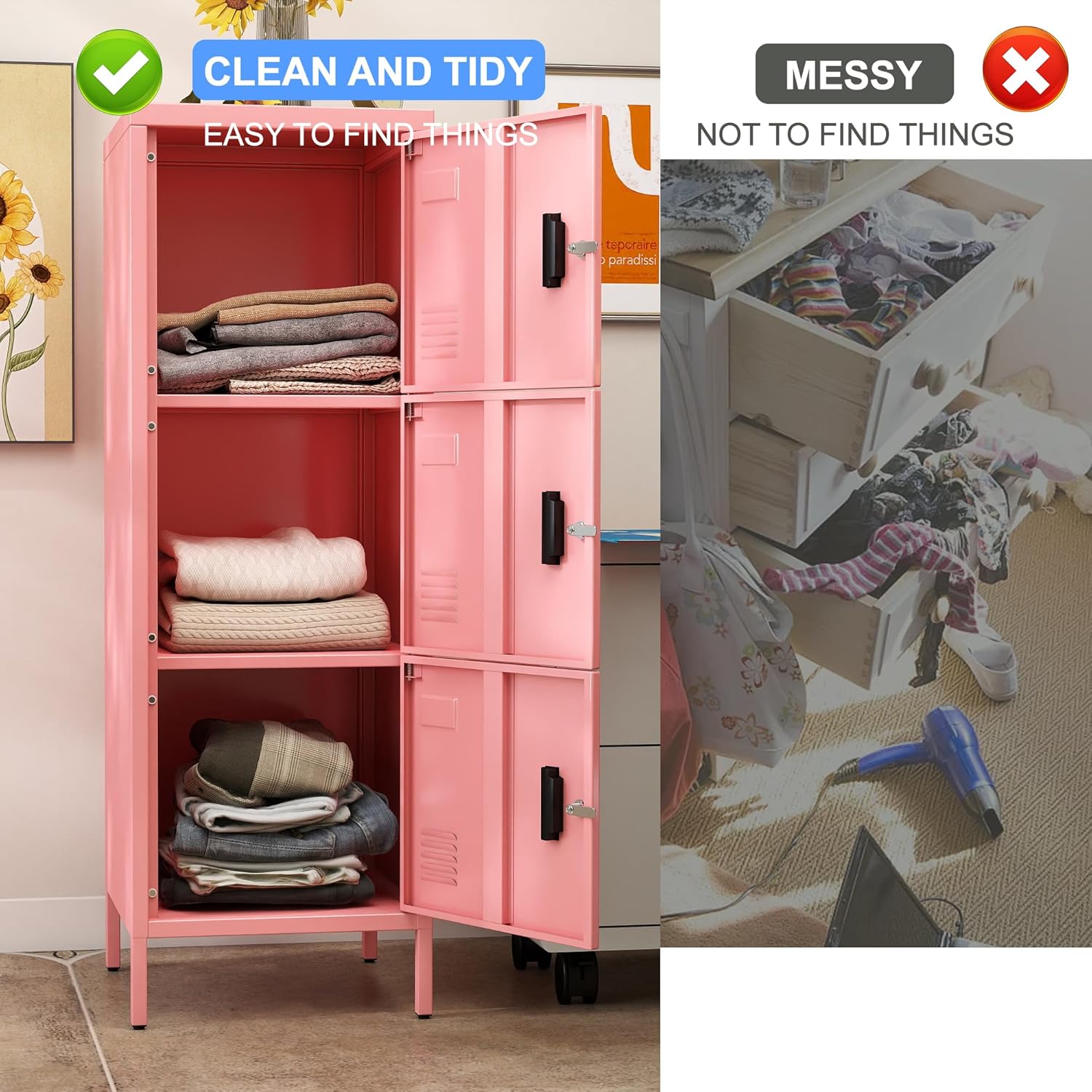 METAN Metal Storage Employees Locker with 3 Lockable Doors,47''H*16''W*16''D Locking Storage Cabinets for Small Spaces,Home,School,Gym,Assembly Required,Pink