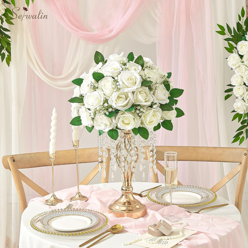 Serwalin 30PCS Artificial White Roses, Fake Silk Roses with Long Stems, Realistic Roses Flowers for Wedding Centerpieces Bridal Bouquet Party Home Office Decor