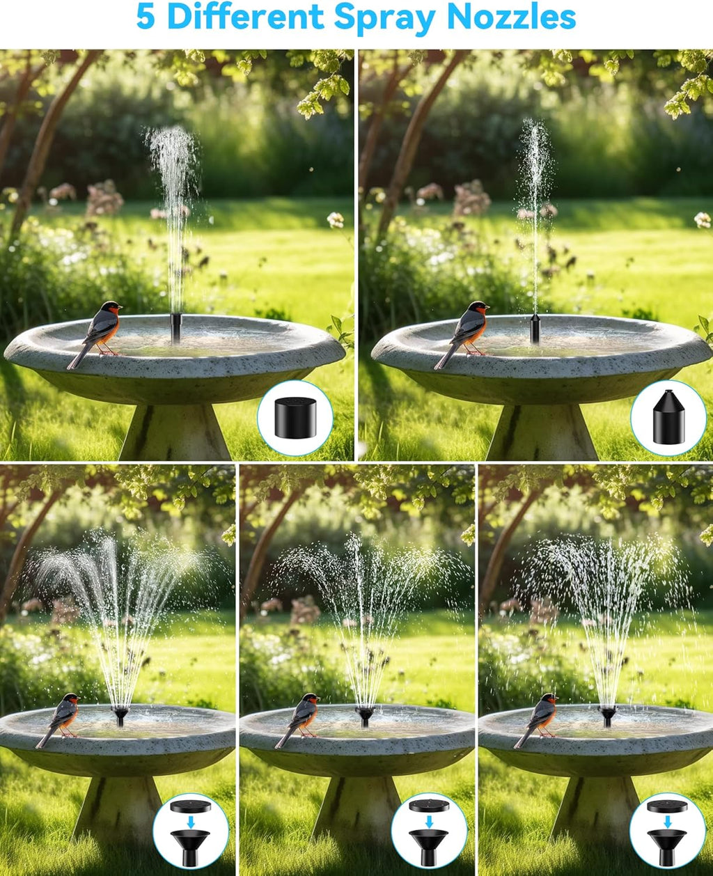 POPOSOAP Modern Black Solar Bird Bath Fountain Pump, 6W, 60GPH, 5 Nozzles, 9.84ft Cable, 4ft Tubing