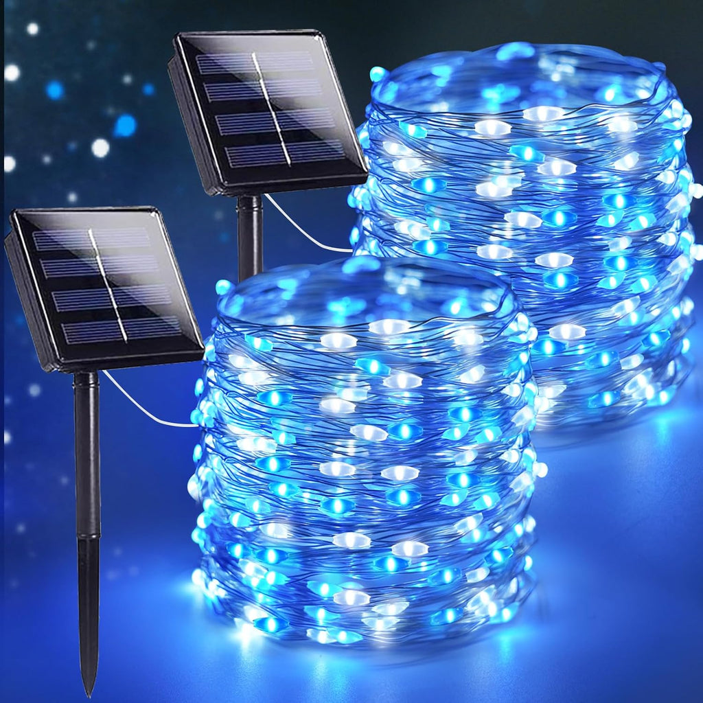 SANJICHA Blue and White Solar String Lights, Extra-Long 2 Pack 144FT 400LED Solar Christmas Lights Outdoor Waterproof, Sliver Wire 8 Modes Twinkle Light for Garden Tree Party Wedding Decorations