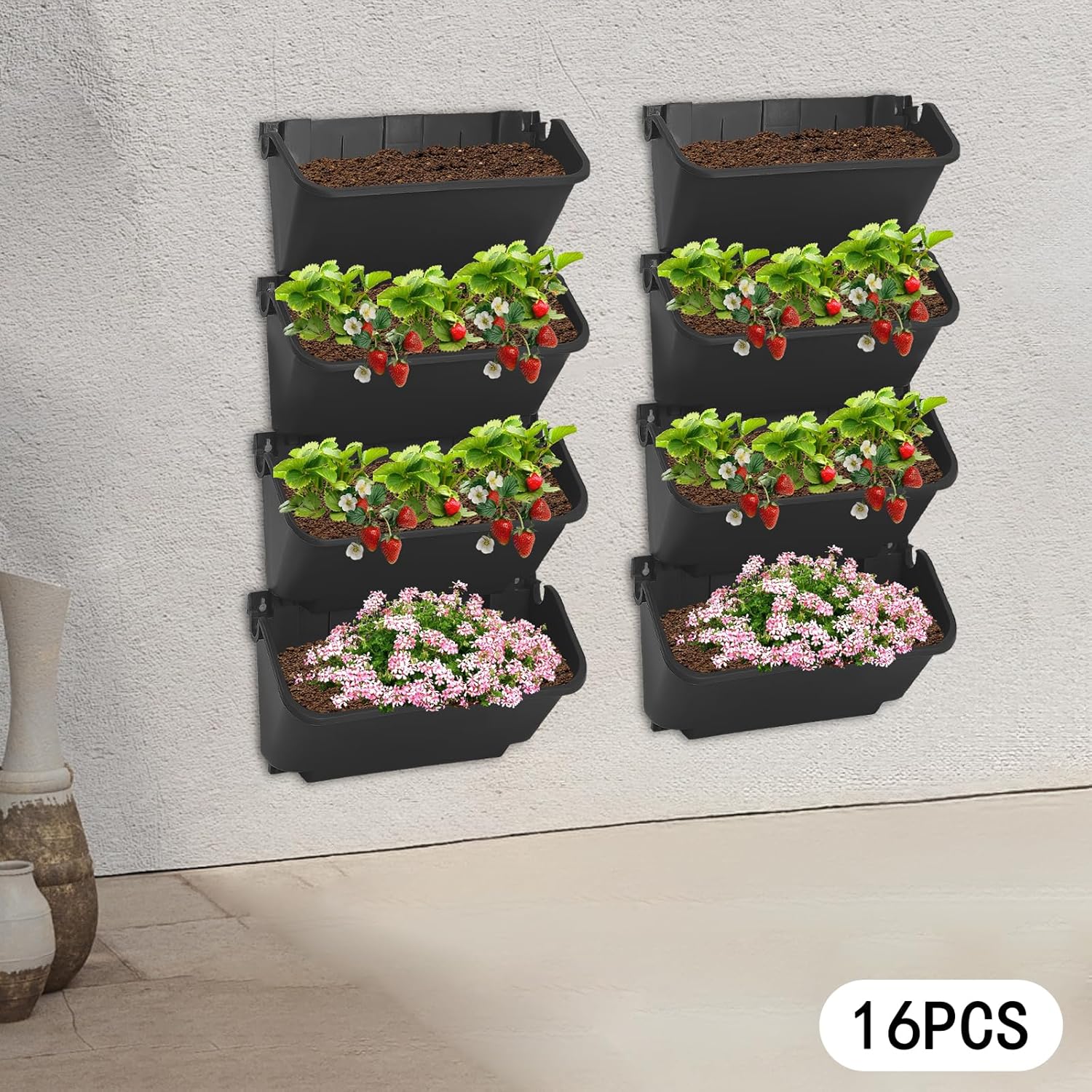16 Pack Self Watering Wall Mounted Planter, Indoor and Outdoor Vertical Planter Wall Mounted Planter for Patio Outdoor Decor with Drainage Holes, Vertical Garden Planters for Indoor Plants- Black