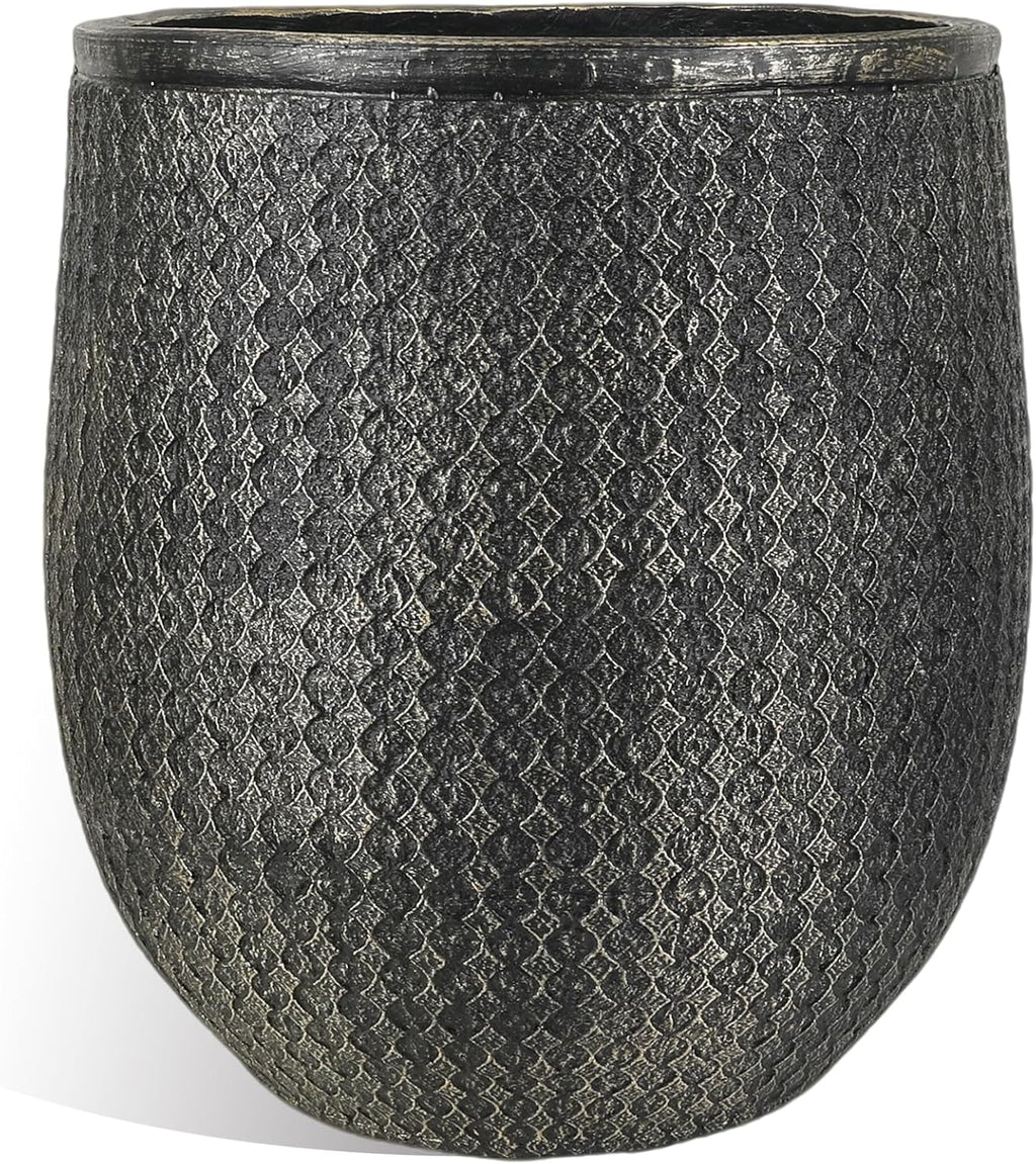 Worth Garden 12" Dia x 15" H Round Planter – Lightweight Magnesium Oxide Cement Plant Pot with Texture – Raised Pattern Concrete Look – Drainage Hole – Indoor & Outdoor Use - Black Gold