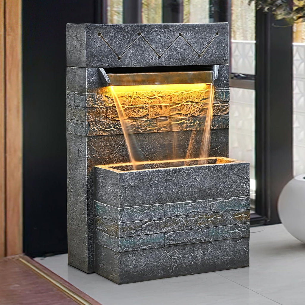 34.65'' Outdoor Garden Cascading Stone Floor-Standing Waterfall Fountain with LED Lights for Patio, Backyard, Deck, Porch and Home Art Decor