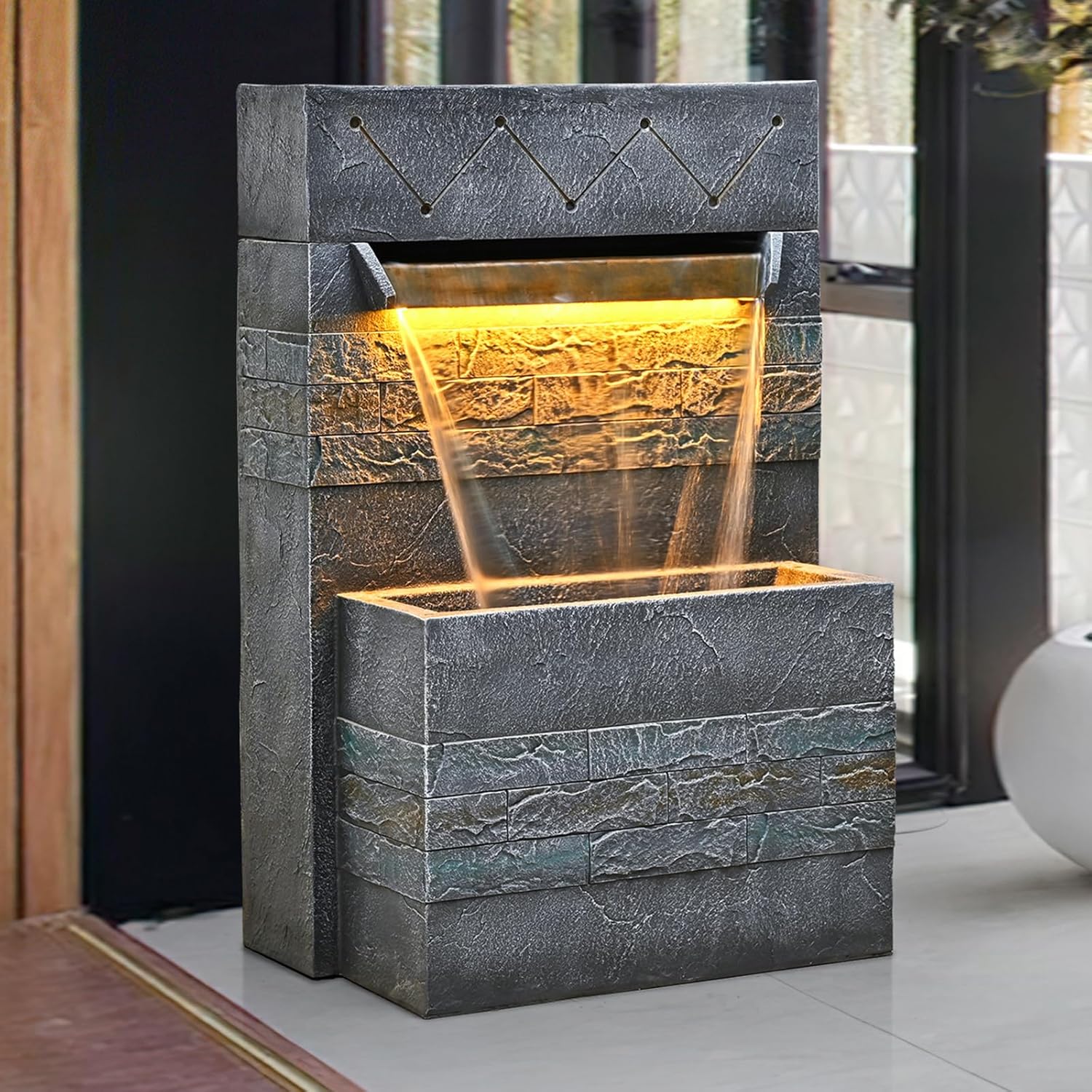 34.65'' Outdoor Garden Cascading Stone Floor-Standing Waterfall Fountain with LED Lights for Patio, Backyard, Deck, Porch and Home Art Decor