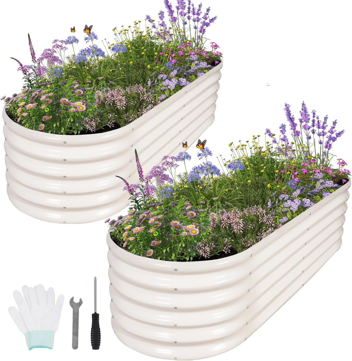 Galvanized Raised Garden Bed Outdoor- 2 Pcs Raised Beds for Gardening| Metal Planter Box, Steel Raised Garden Bed Kit with Gloves for Vegetables, Flower, Herbs (6x2x1.4FT, White)