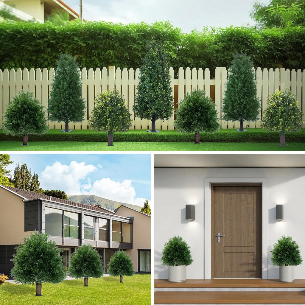 Artificial Cedar Topiary Ball Trees with Ground Spike, 20" UV Resistant Artificial Shrubs, Fake Evergreen Artificial Plant Brush for Indoor Outdoor Front Porch Garden, 1 Pack