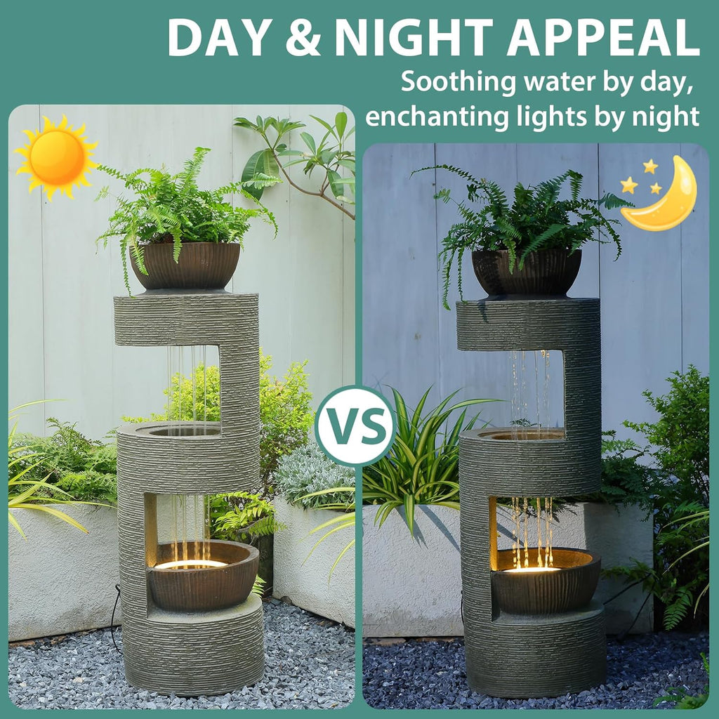 37.8" Outdoor Fountain with Waterfall & LED Lights, Freestanding Garden Water Fountain for Patio/Backyard, Resin Tiered Fountain with Pump