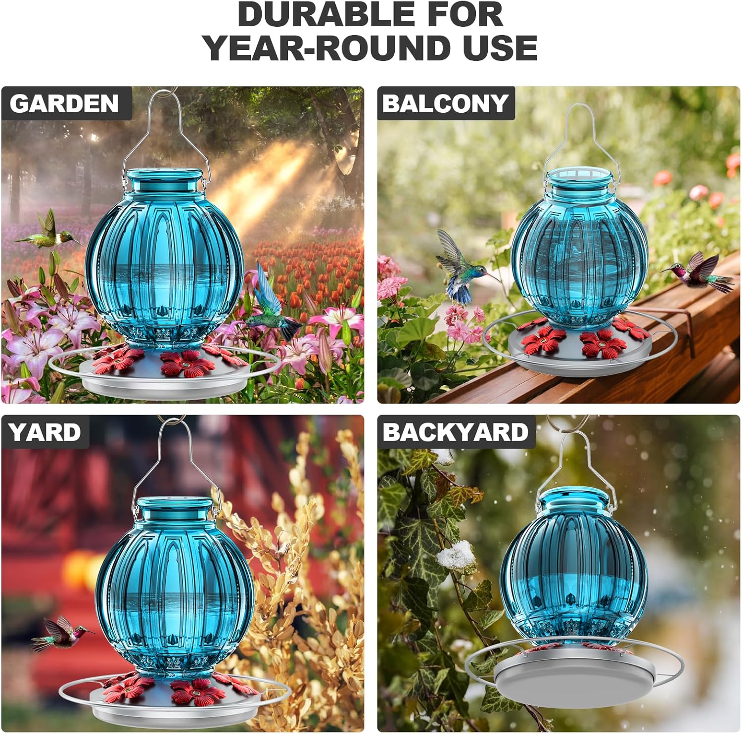 Glass Hummingbird Feeder for Outdoors Hanging, 26Oz Bird Nectar Feeder with Perch & 5 Flower Feeding Ports, Leak Proof for Outside Garden Decor Backyard, Gifts for Women Mom, Blue