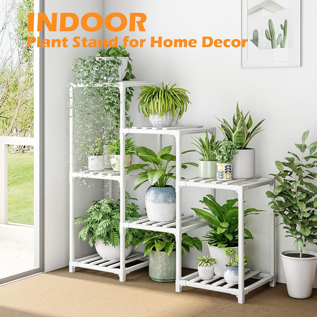 Bamworld Indoor Plant Stand Outdoor White Shelf Bamboo Plant Table for Multiple Plants 3 Tiers 7 Pots Ladder Holder Pot Window Garden Balcony Living Room