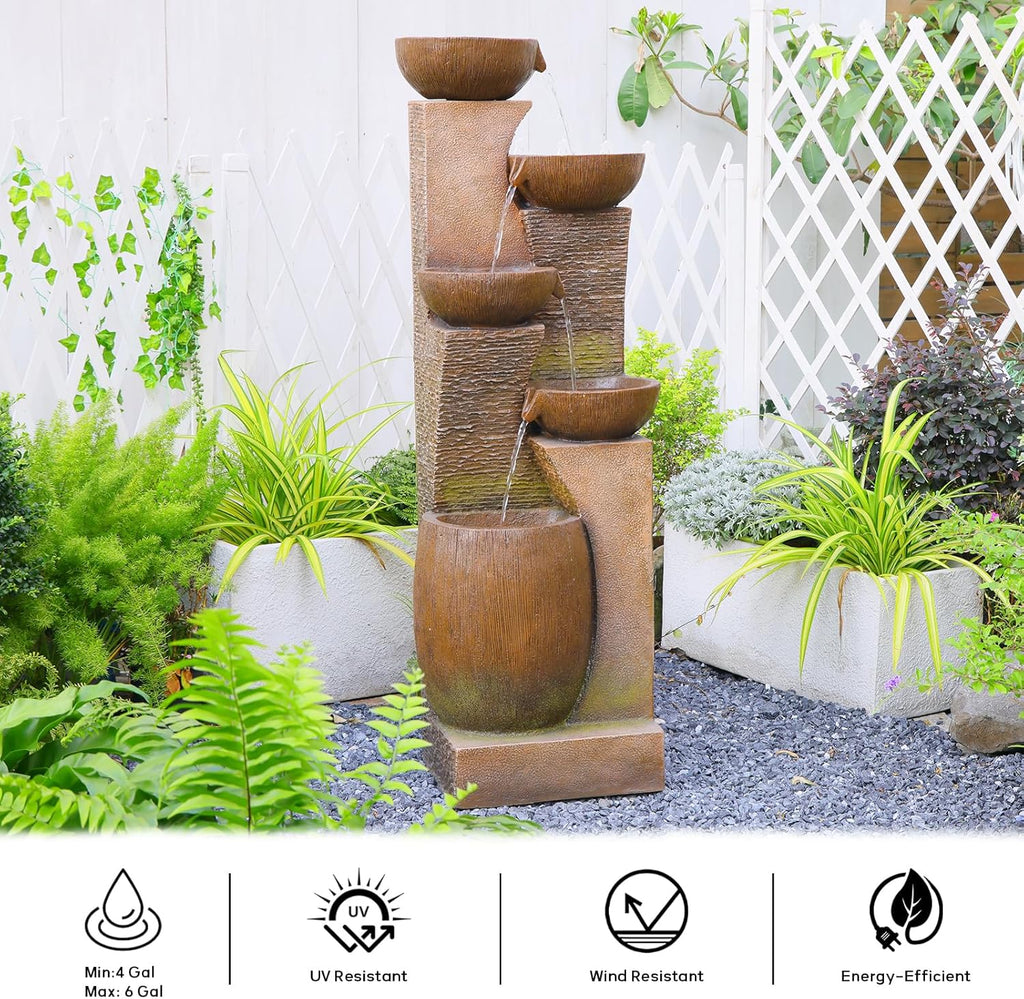 51.4" H Large Water Fountain Outdoor&Indoor, 5-Tiers Cascading Modern Feature Crocks Garden Fountains and Waterfalls with Warm Lights for Porch, Deck, Patio, Home Décor (Brown)