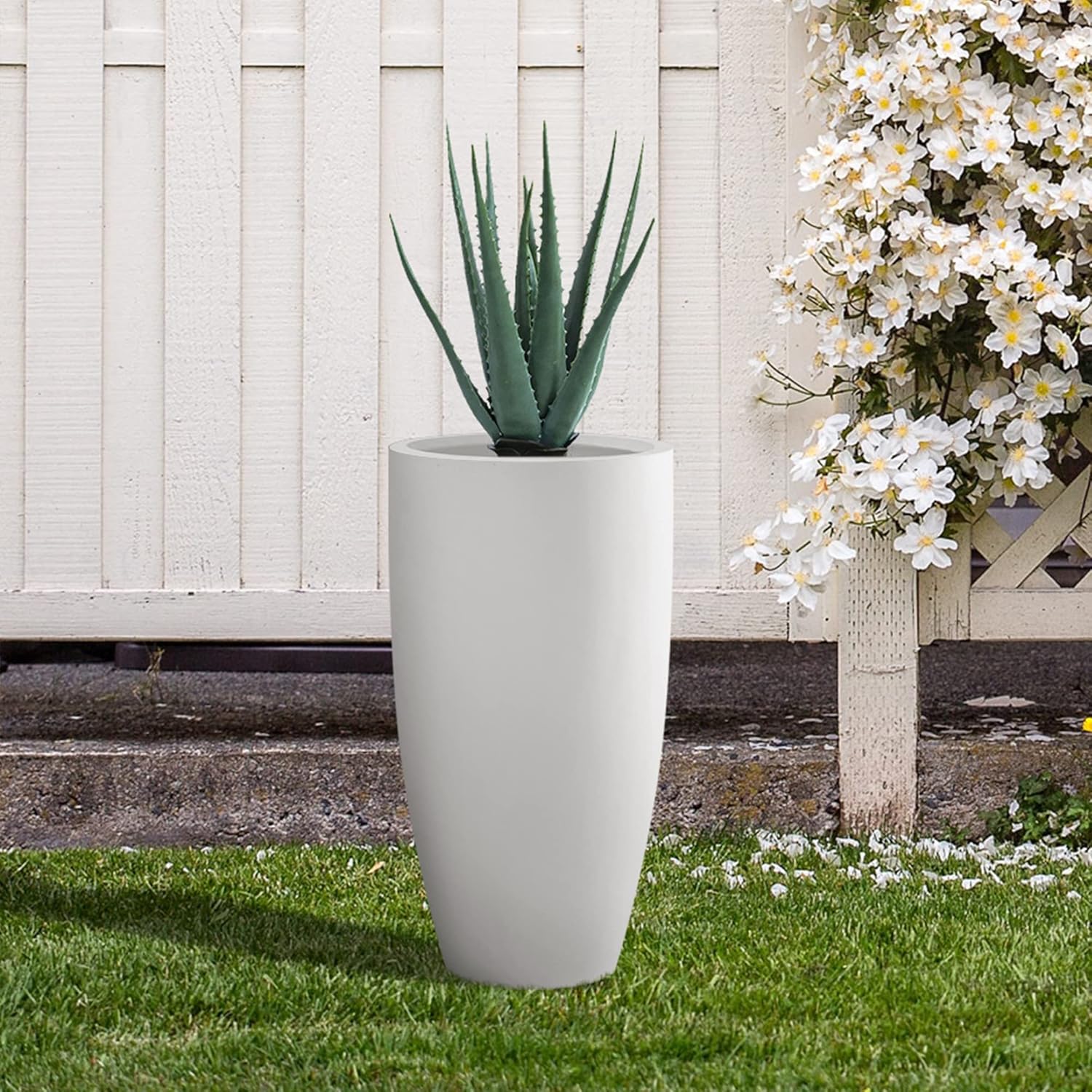 Kante 23.6" H Pure White Finish Concrete Tall Planters Large Outdoor Indoor Decorative Plant Pots with Drainage Hole and Rubber Plug, Modern Tapered Style for Home and Garden