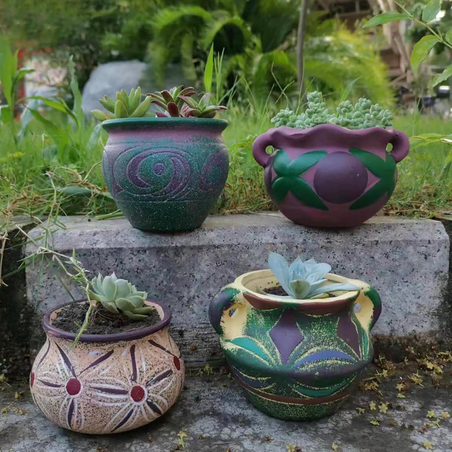 4 Piece Ceramic Plant Pots Indoor Pots Set with Drainage Holes, Rustic Colorful Decorative Flower Pots for Indoor&Outdoor Little Plants, Cute Cactus/Bonsai Plant Pots