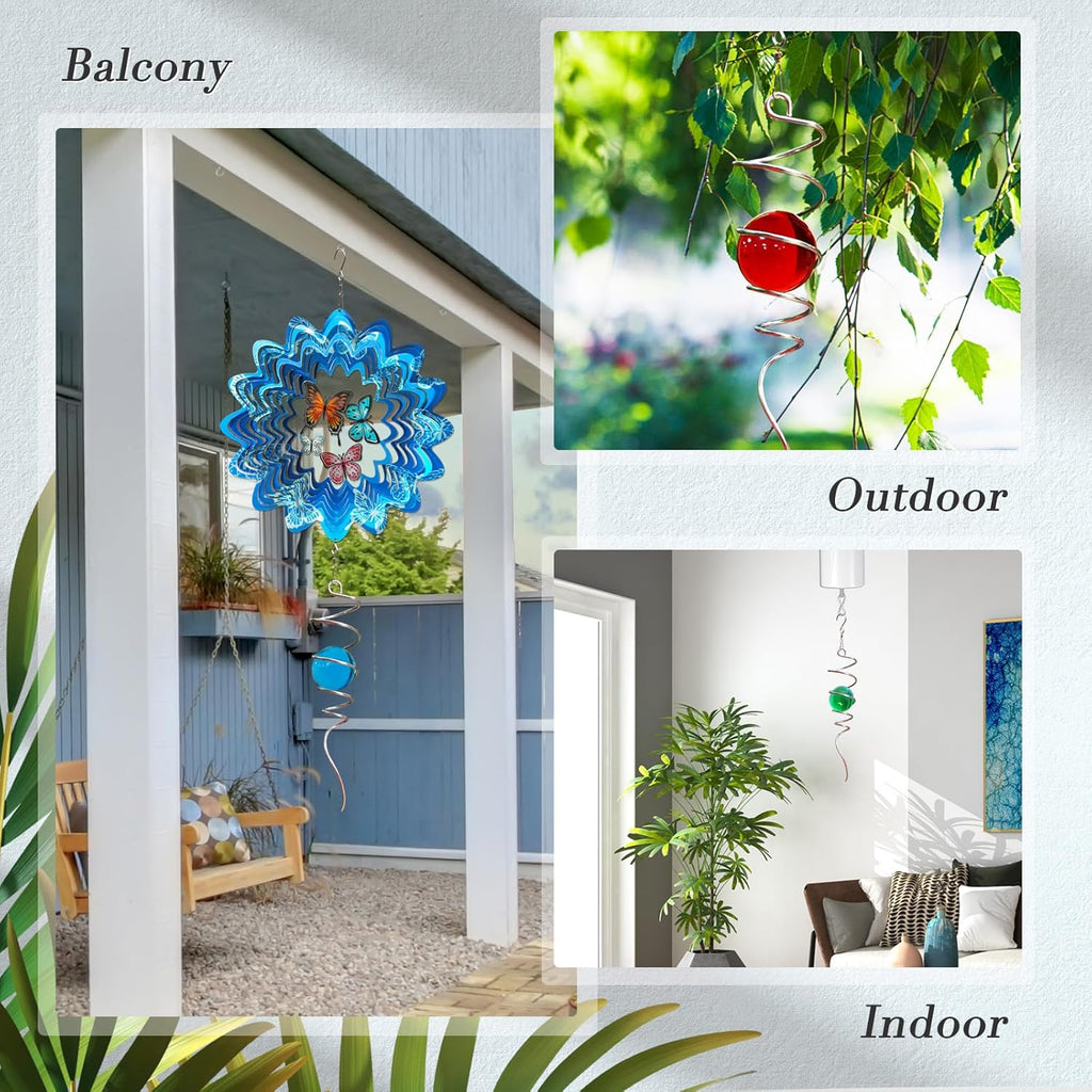 Gazing Ball Spiral Tail with Red Glass Orb, Wind Spinner Stabilizer, Spiral Wind Spinners Tail, Hanging Outdoor Garden Decor, Yard Art Ornament, Christmas Decoration, Sun Catcher 13inch