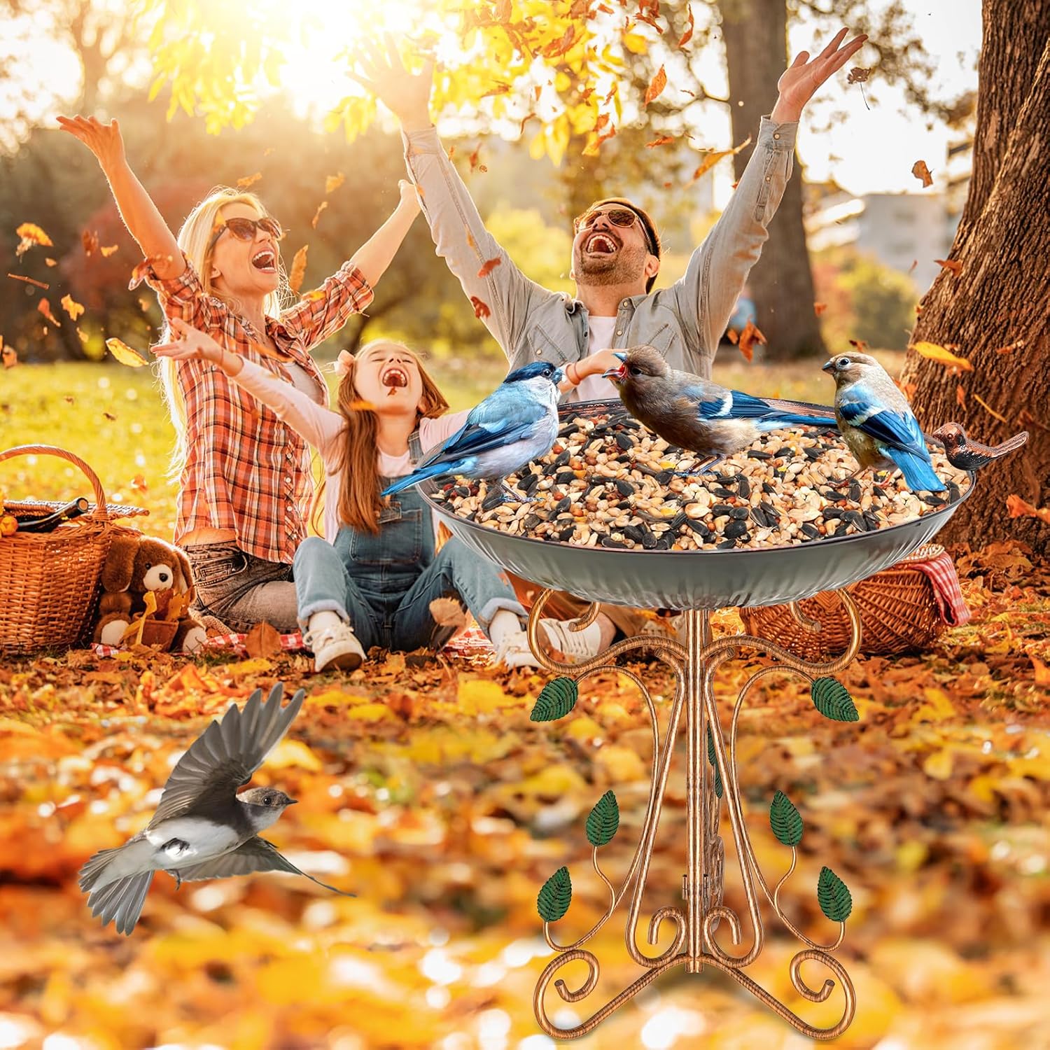 13" Diameter Vintage Metal Bird Bath, Birdbaths with Cast Iron Pedestal, Large Antique Bird Feeder for Outdoors Garden Patio Decor (Copper Lotus)