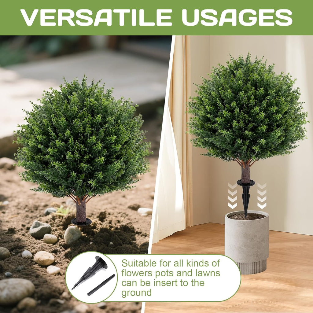 Artificial Cedar Topiary Ball Tree 23" with Ground Spike, Set of 2 Artificial Boxwood Bushes for Faux Shrubs, Fake Evergreen Faux Plant for Indoor Outdoor Porch Garden- UV Resistant – Fade-Proof
