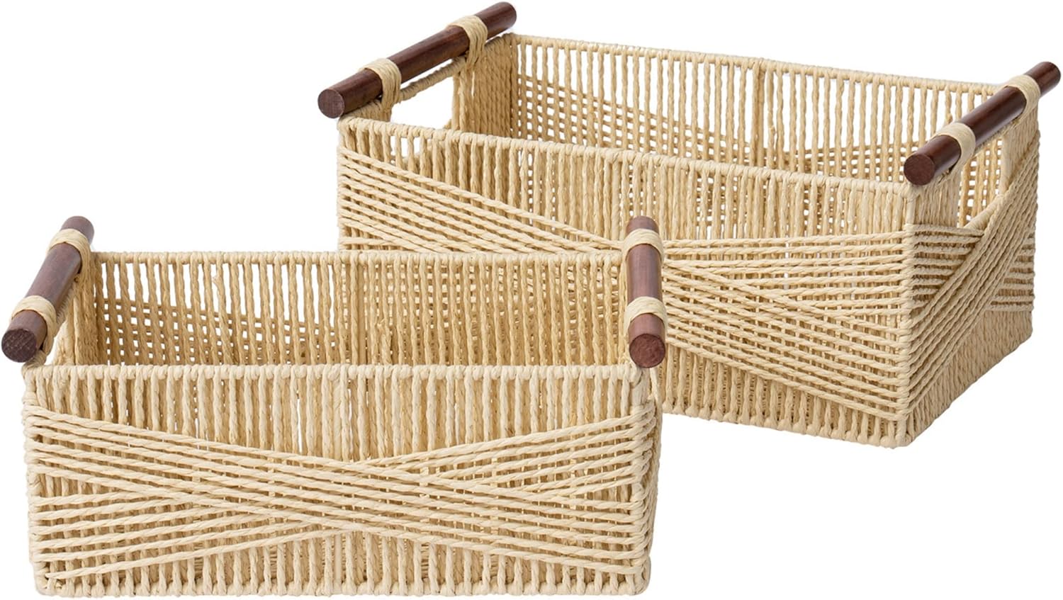 LA JOLIE MUSE Wicker Storage Baskets for Organizing, Recyclable Paper Rope Basket with Wood Handles, Decorative Hand Woven Basket Organizers for Makeup Books Shelves Living Room, Beige, Set of 2