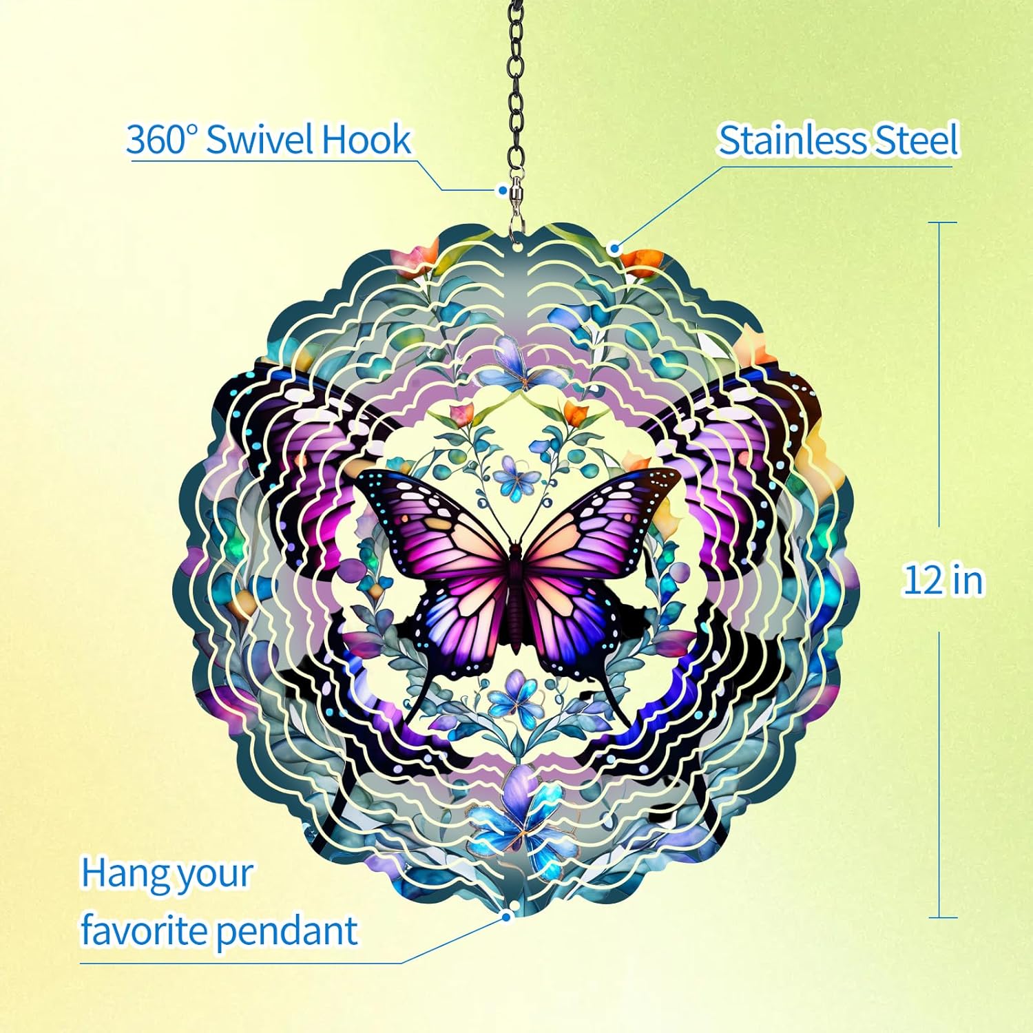 Butterfly Wind Spinners Outdoor - 12 inch Butterflies Outdoor Hanging Wind Sculptures Birthday Gifts for Women, Mom, Grandma, Gardening for Garden Decor for Outside, Patio, Yard, Lawn, Balcony