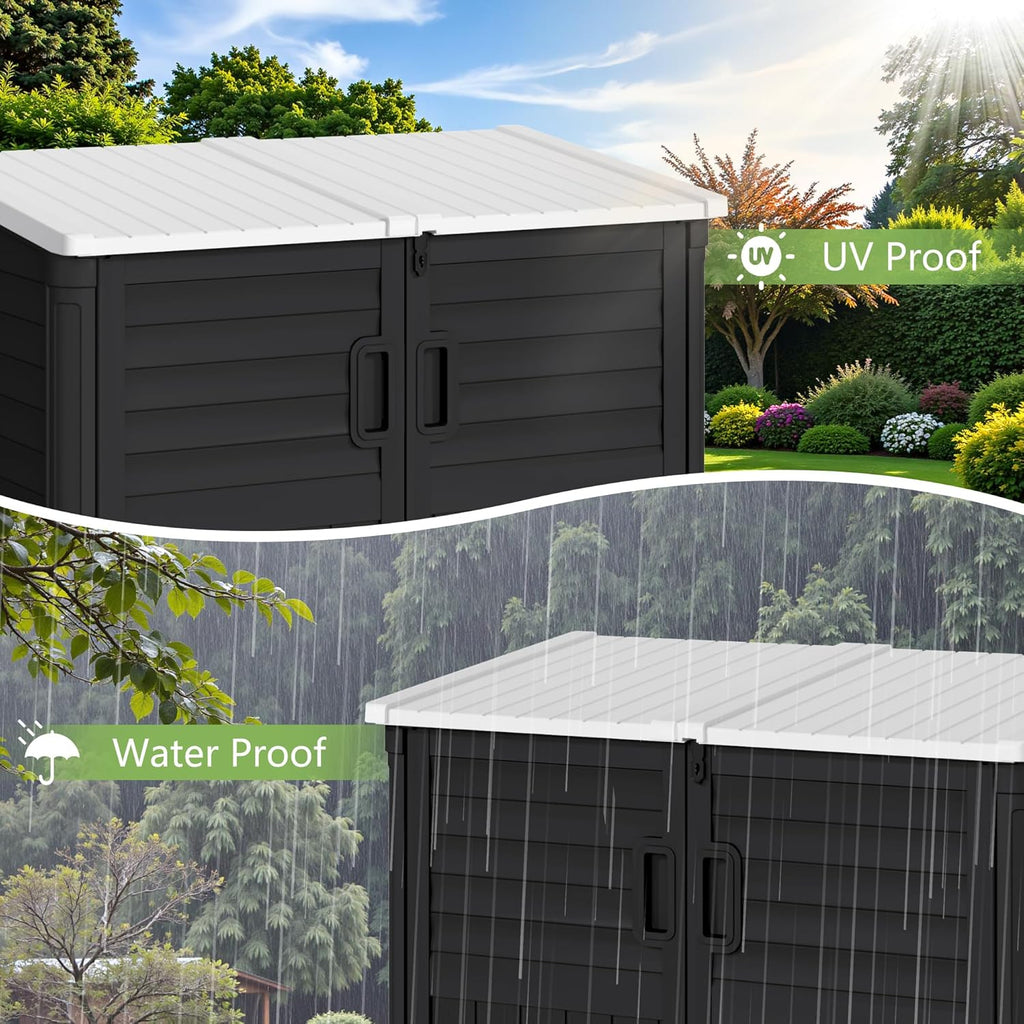 Greesum Outdoor Resin Storage Shed, 34 Cu.ft Horizontal Outdoor Storage Box Waterproof for Garden, Pool Storage, Garbage Cans, Black