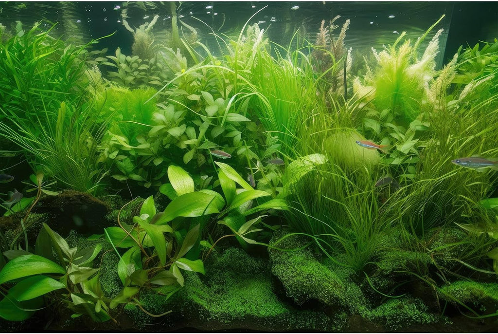 Aquarium Background Diverse Collection of Aquatic Plants Seagrasses Terrarium Background Redwood Root Moss Tropical Style Underwater Lush Green Plants Fish Tank Background Wallpaper Poster 72x18in