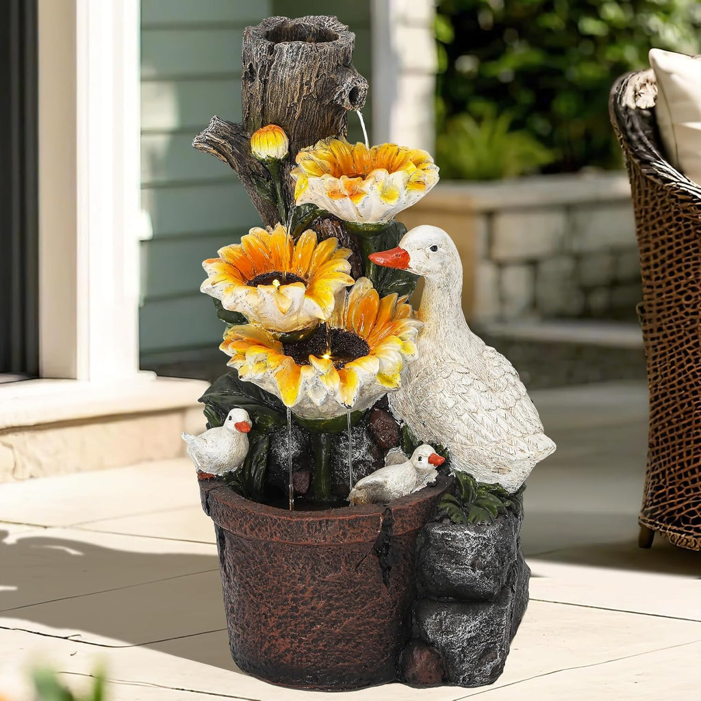 19.1" H Farmhouse Duck Garden Water Fountain with Sunflower, Indoor/Outdoor Freestanding, Soothing Cascading Waterfall with LED Lights, Decorative Water Feature for Patio, Yard, and Garden
