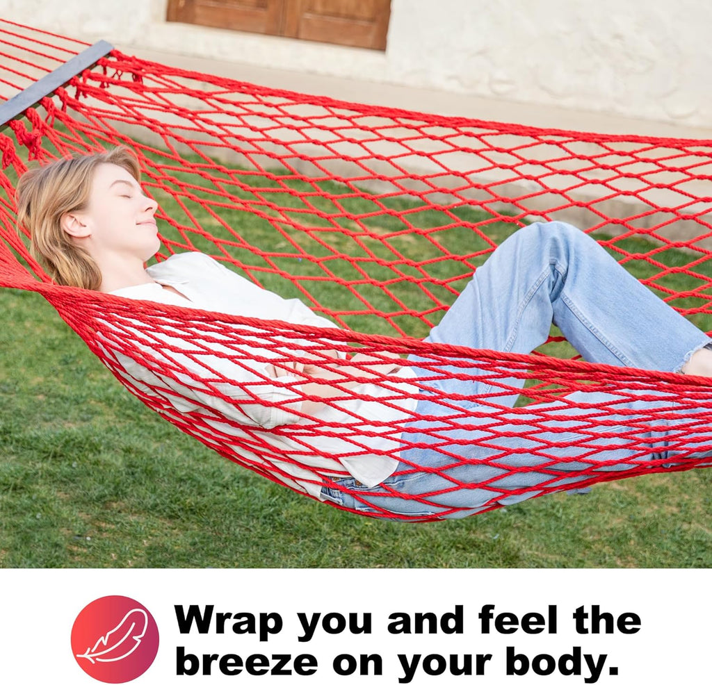 12ft Double Hammocks, Handwoven Traditional Cotton Rope Hammock with Hardwood Spreader Bar, Chains and Hooks for Indoor Outdoor, Max 450 lbs Capacity (Cherry, Full)