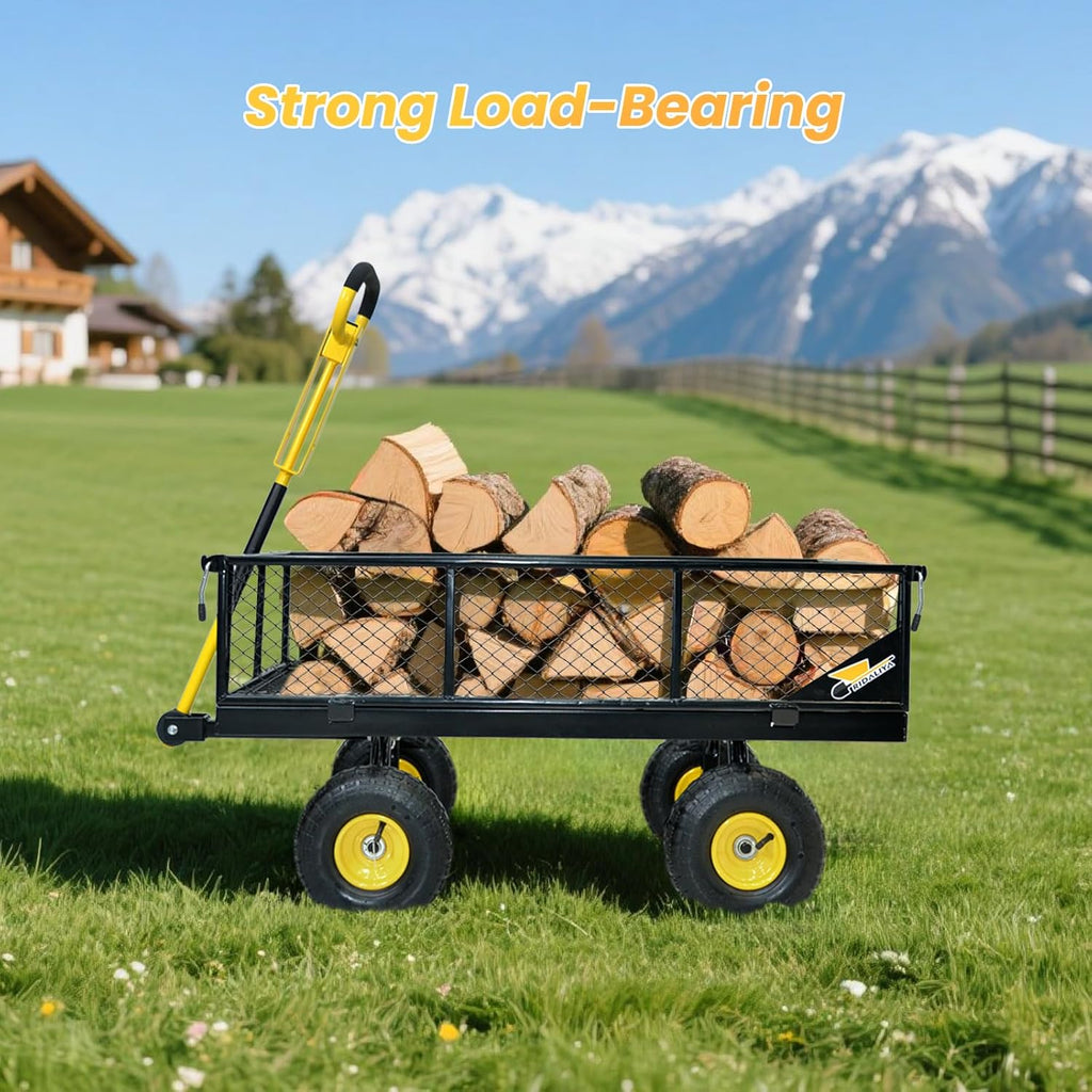 950 lbs Steel Garden Cart, Heavy Duty Yard Utility Wagon with 10" Pneumatic Tires, Removable Mesh Sides and 180° Rotating Anti-Slip 2-in-1 Convertible Handle