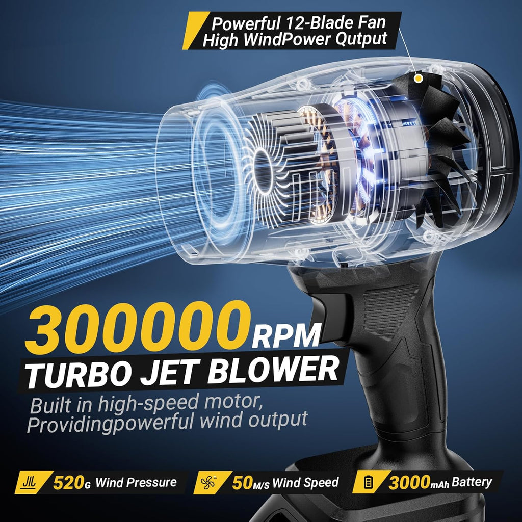 Leaf Blower Cordless,Hand Held Blower with 21V*2 Pcs Batteries,300000RPM Turbo Jet Blower,Portable Leaf Blower for Patio Cleaning,Lawn Care, Leaves and Dust