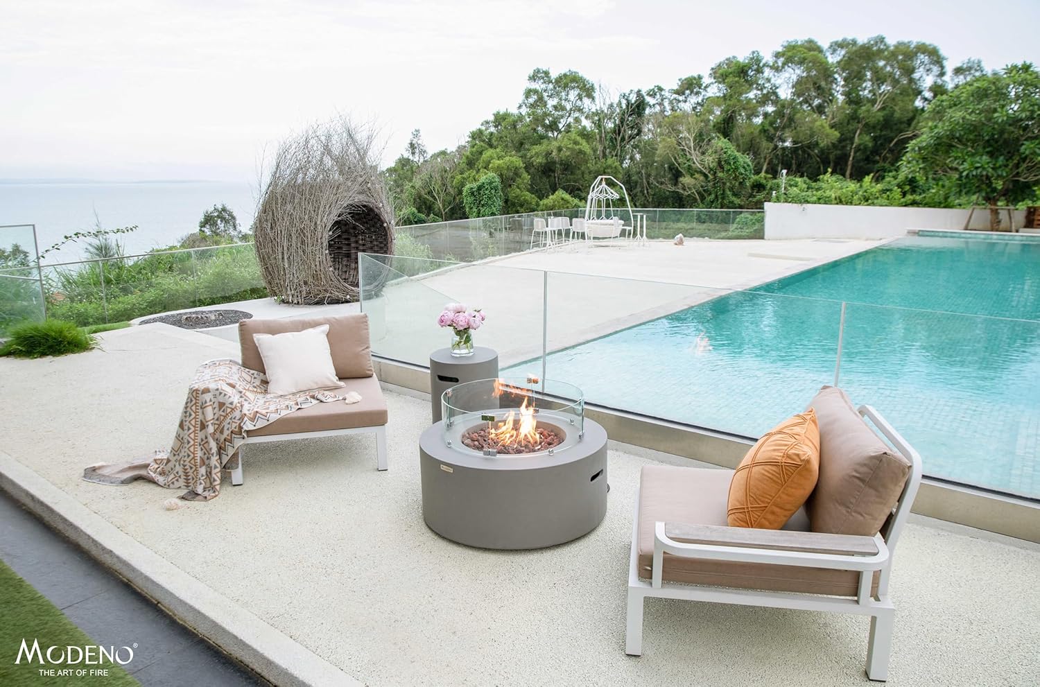 AMS Fireplace | Modeno Tramore Package | Light Gray Natural Gas Fire Pit Table for Outside Patio Bundle with Wind Guard, and SS Burner Lid | Free Ice Bucket & Rubber Mat