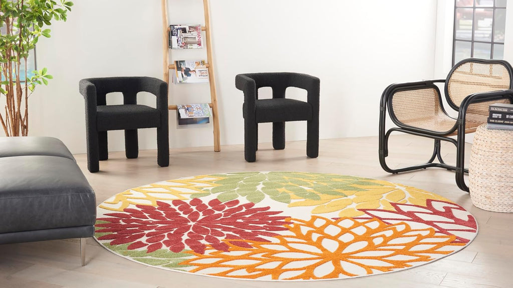 Nourison Home Aloha 94" Round Fabric Indoor/Outdoor Rug in Red Multi-Color