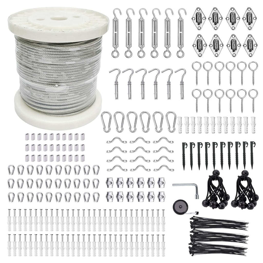 1/8" Wire Cable Rope Kit ，Vinyl Coated 304 Stainless Steel Wire – 300FT 7x7 Strand Cable with Turnbuckles，Shade Sail & Hanging Lights Hardware Kit for Outdoor, Garden,Patio, Crafts, Hanging Lights