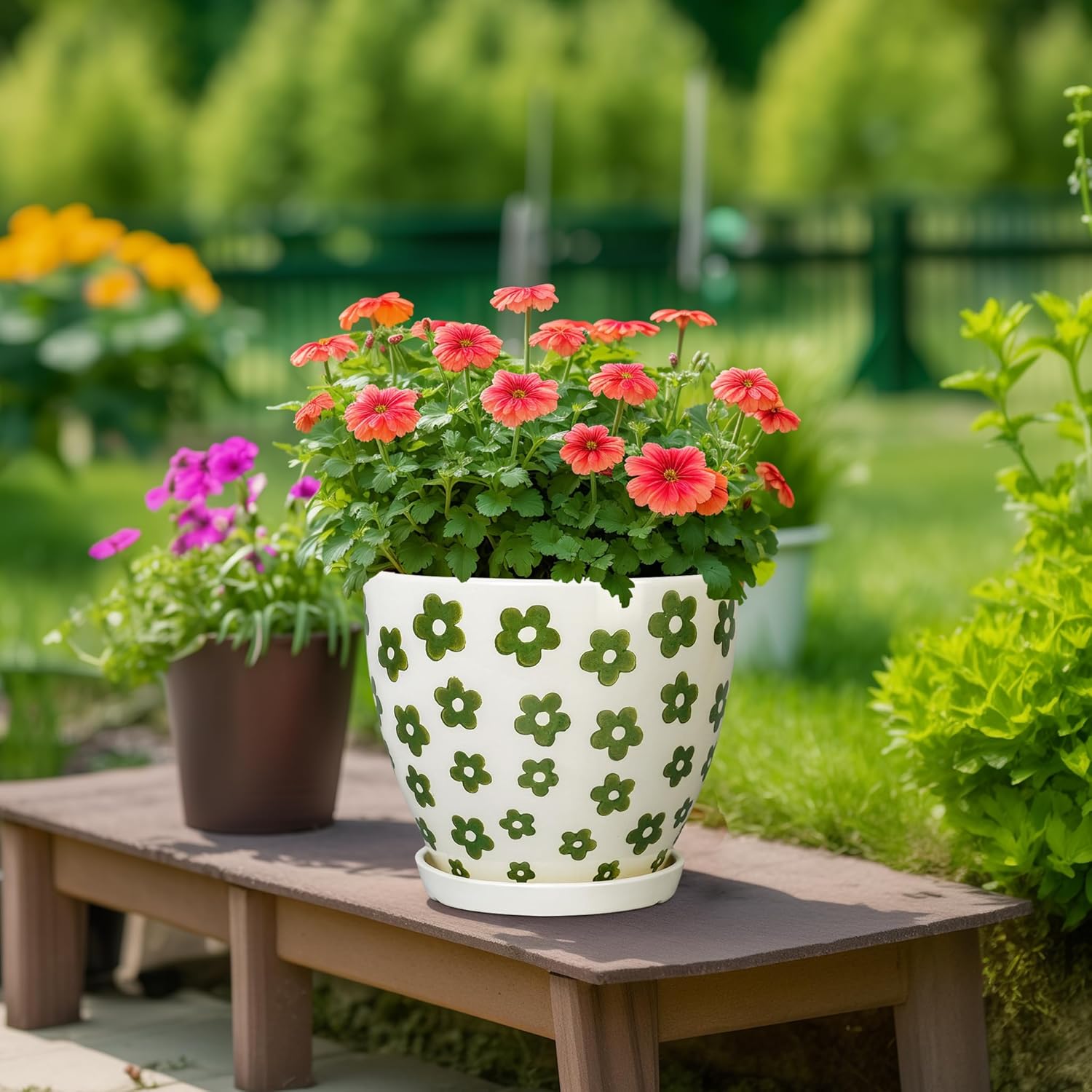 Ceramic Flower Pot - 10 Inch Plant Pot Indoor with Drainage Hole and Saucer, Boho Round Ceramic Planter for Indoor Outdoor Plants, Plant Lover Gifts, Home Garden House Decor, White