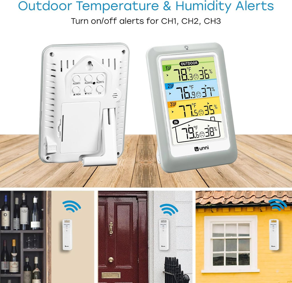 Indoor Outdoor Thermometer Wireless with 3 Sensors, 4.5 Inch Display with 330ft Range and Adjustable Backlight (Colorful)