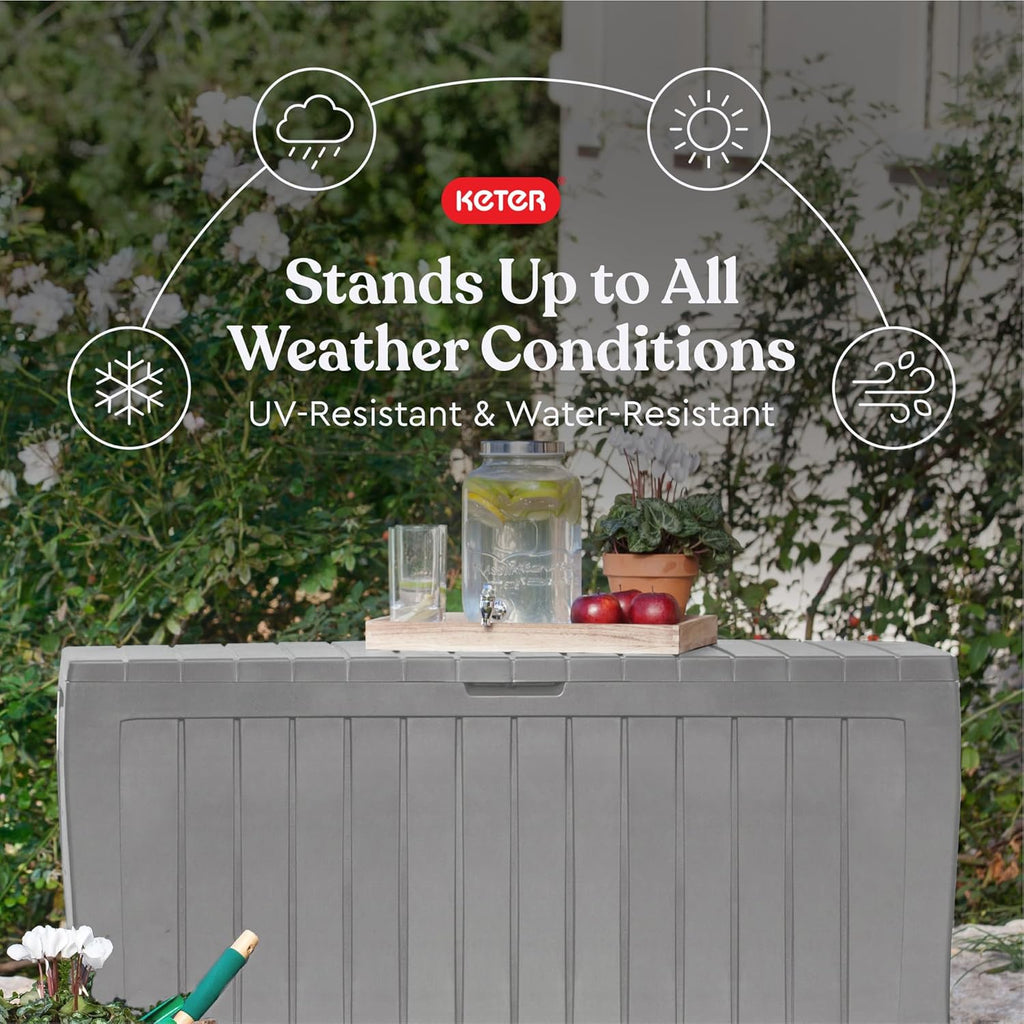 Keter Marvel Plus 71 Gallon Resin Deck Box-Organization and Storage for Patio Furniture Outdoor Cushions, Throw Pillows, Garden Tools and Pool Floats, Light Grey