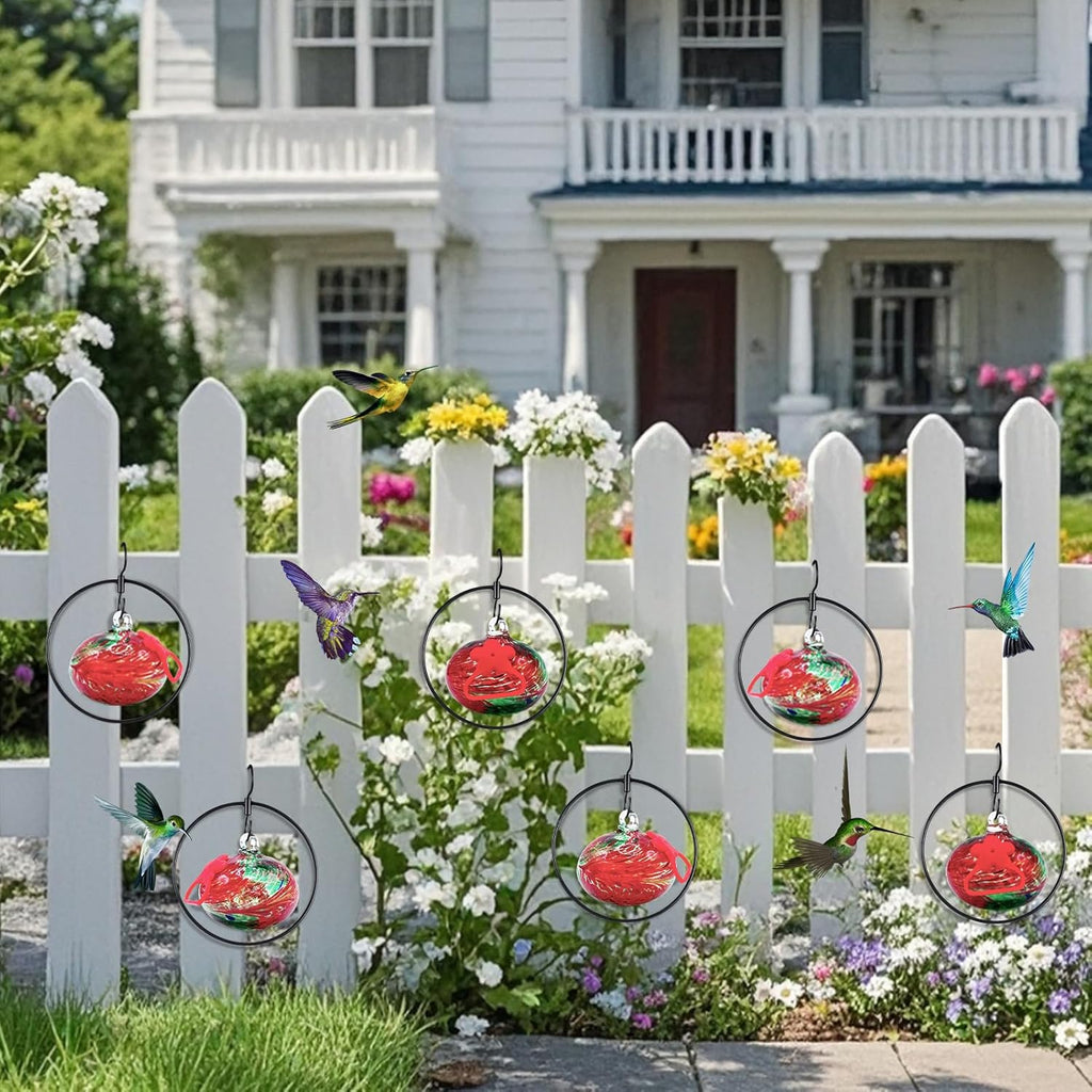 Flexible 6 Pack Hummingbird feeders for Outdoors Hanging Ant and Bee Proof,Detachable Hand Blown Glass Hummingbird Feeder with 6 Adjustable Silicone Perch(Red)