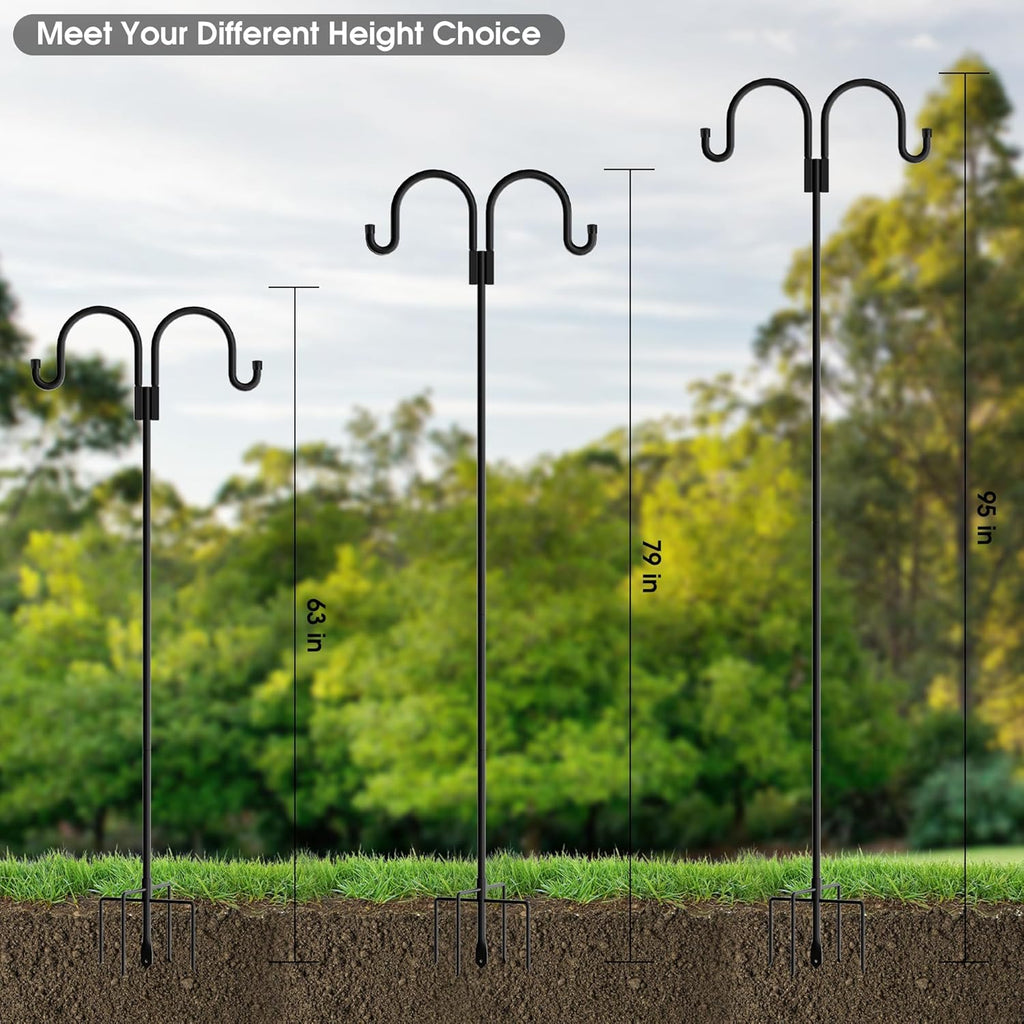 Highpro Double Shepherd Hooks for Outdoor, 95 Inch Heavy Duty Bird Feeder Pole for Hanging Bird Feeder, Garden Hooks Plant Baskets, Garden Plant Hanger Stands with 5 Prong Base
